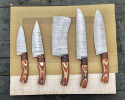 5 pieces handmade damascus kitchen knife chef's knife set and leather roll