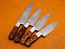 custom handmade damascus steel 4 pc's chef set with leather sheath, custom chef knife kitchen set