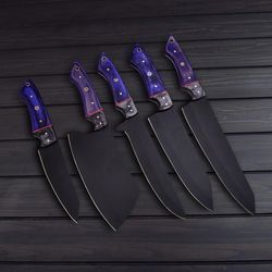 handmade carbon steel kitchen set with 2 varity colors and free leather cover // set of 5materials high carbon steel