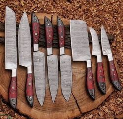 handmade damascus chef set of 8pcs with leather cover, kitchen knives set