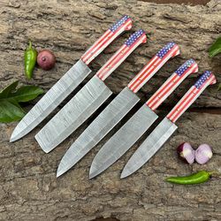 handmade damascus steel full tang kitchen chef set with usa flag handle