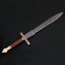 custom handmade damascus sword with leather sheath