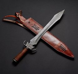 custom handmade damascus steel sword handle walnut wood/damascus steel guard/pommel with leather sheath