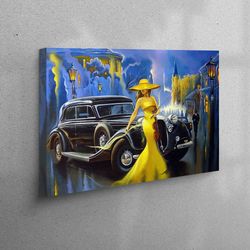 3d canvas, canvas, wall decor, woman in yellow dress painting, oil painting print, woman art canvas, old car canvas prin