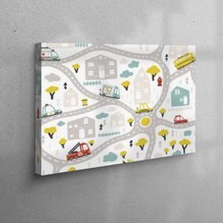 canvas home decor, canvas, canvas decor, baby city map with roads and transport, kids art, city map wall art, baby map p