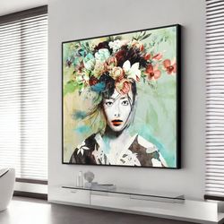 beauty with exotic floral decoration woman canvas print, asian woman canvas, wall art canvas design, framed canvas ready