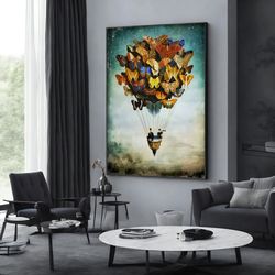 flying butterflies canvas painting, air balloon canvas print, balloon poster, extra large wall art design, framed canvas