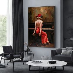 lady at the piano with red hat canvas, lady poster, wall art canvas design, framed canvas ready to hang