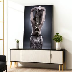 saxophone woman canvas painting, woman wall art, saxophone and woman canvas decor, modern home decor, framed canvas read