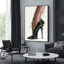 shoes canvas, fashion shoes, heeled shoes canvas print, climbing stiletto, wall art canvas design, framed canvas ready t