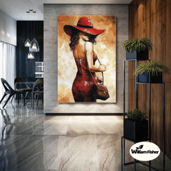 sexy woman wall art, red hat canvas art, living room wall decor, roll up canvas, stretched canvas art, framed wall art p