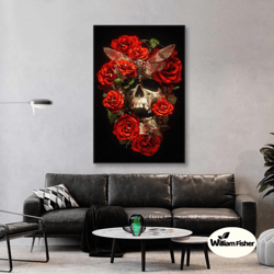 skull wall art, red roses wall decor, butterfly art, romantic wall art decor, roll up canvas, stretched canvas art, fram