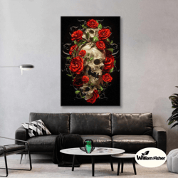 skull wall art, red roses wall decor, romantic wall art decor, roll up canvas, stretched canvas art, framed wall art pai