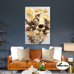 skull wall art, white rose canvas art, romantic wall decor, roll up canvas, stretched canvas art, framed wall art painti