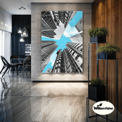 skyscrapers wall art, sky canvas art, modern city wall decor, roll up canvas, stretched canvas art, framed wall art pain