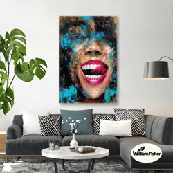 smiling girl sticking tongue out woman street art roll up canvas, stretched canvas art, framed wall art painting