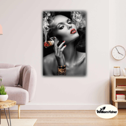 smoking woman dollar gold jewelry model woman roll up canvas, stretched canvas art, framed wall art painting