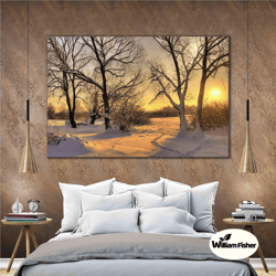 snowed forest tree sunset landscape nature roll up canvas, stretched canvas art, framed wall art painting