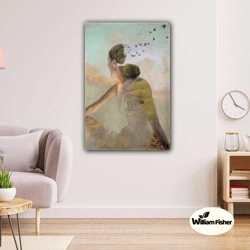 surrealism nature woman flying birds landscape roll up canvas, stretched canvas art, framed wall art painting