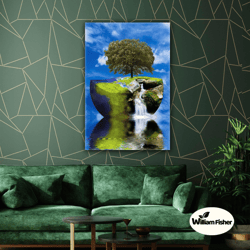 tree earth illustration waterfall landscape roll up canvas, stretched canvas art, framed wall art painting