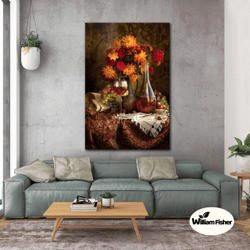 wine glaseses wall art, flower canvas art, wine bottle wall decor, roll up canvas, stretched canvas art, framed wall art