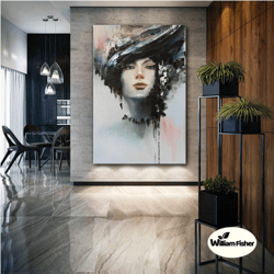 woman wall art, black hat canvas art, makeup, beauty saloon wall decor, roll up canvas, stretched canvas art, framed wal