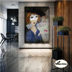 woman wall art, black hat canvas art, red birds wall art, living room decor, roll up canvas, stretched canvas art, frame