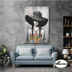 woman wall art, black hat canvas art, street wall art, modern wall decor, roll up canvas, stretched canvas art, framed w