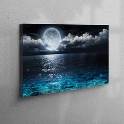 full moon wall decor, moon over the sea wall art, personalized gift, landscape canvas art, modern canvas poster, framed