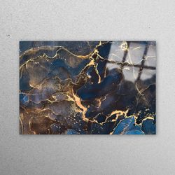 glass art, wall decor, mural art, navy blue and gold marble, abstract marble glass, contemporary glass printing, shimmer