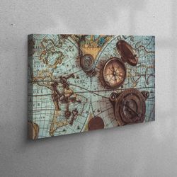 large canvas, wall art canvas, large wall art, compass canvas gift, vintage map artwork, antique world map canvas gift,