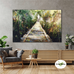 wooden suspension bridge landscape nature oil paint effect roll up canvas, stretched canvas art, framed wall art paintin