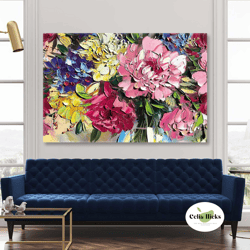 yellow and pink chrysanthemum flower bouquet brush traces roll up canvas, stretched canvas art, framed wall art painting