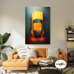 yellow classic car legend on asphalt roll up canvas, stretched canvas art, framed wall art painting