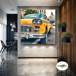 yellow nostalgic car city life taxi roll up canvas, stretched canvas art, framed wall art painting-1