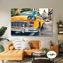 yellow nostalgic car city life taxi roll up canvas, stretched canvas art, framed wall art painting