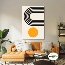 yellow round wall art, black lines canvas art, mid century wall decor, roll up canvas, stretched canvas art, framed wall