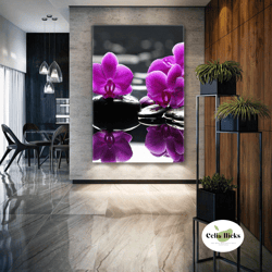 zen stones wall art, pink orchid canvas art, spa wall decor, roll up canvas, stretched canvas art, framed wall art paint