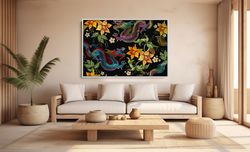 abstract wall art, abstract chinese dragon canvas, dragon modern wall art, abstract flower, floral canvas, dragon  flowe