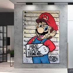 criminal mario graffiti pop art canvas, banksy style pop art, super mario pop art, street graffiti wall art, mario gift