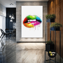 lip wall art, make up canvas art, colorful wall decor, roll up canvas, stretched canvas art, framed wall art painting