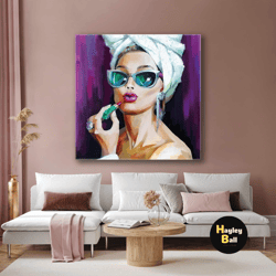 lipstick wall art, audrey hepburn style wall art, gift for her, roll up canvas, stretched canvas art, framed wall art pa