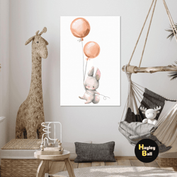 little baby rabbit wall art, balloons canvas art, kids room wall decor, roll up canvas, stretched canvas art, framed wal