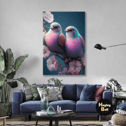 love birds wall art, romantic canvas art, cute wall decor, housewarming gift, roll up canvas, stretched canvas art, fram