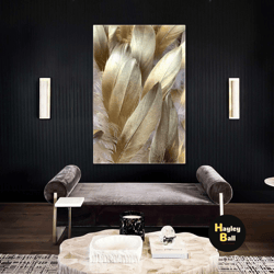 luxury wall art, gold detail wall decor, feather wall art, roll up canvas, stretched canvas art, framed wall art paintin