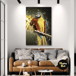 macaw parrot wall art, colordul bird wall art, animal wall art decor, roll up canvas, stretched canvas art, framed wall