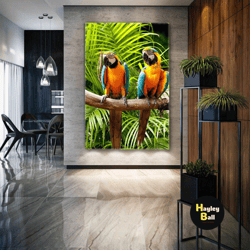 macaw parrot wall art, colorful bird canvas art, tropical jungle wall decor, roll up canvas, stretched canvas art, frame