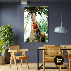 macaw parrot wall art, tropical forest canvas art, animal wall decor, roll up canvas, stretched canvas art, framed wall