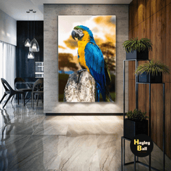 macaw parrot wall art, colorful wall decor, bird canvas art, roll up canvas, stretched canvas art, framed wall art paint