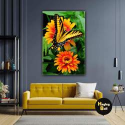 macro shot orange yellow color flower butterfly landscape nature roll up canvas, stretched canvas art, framed wall art p